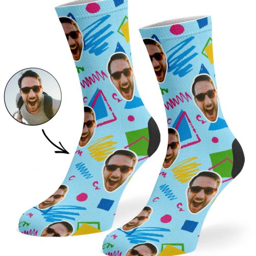 Baby Blue Retro Doodle Face Socks