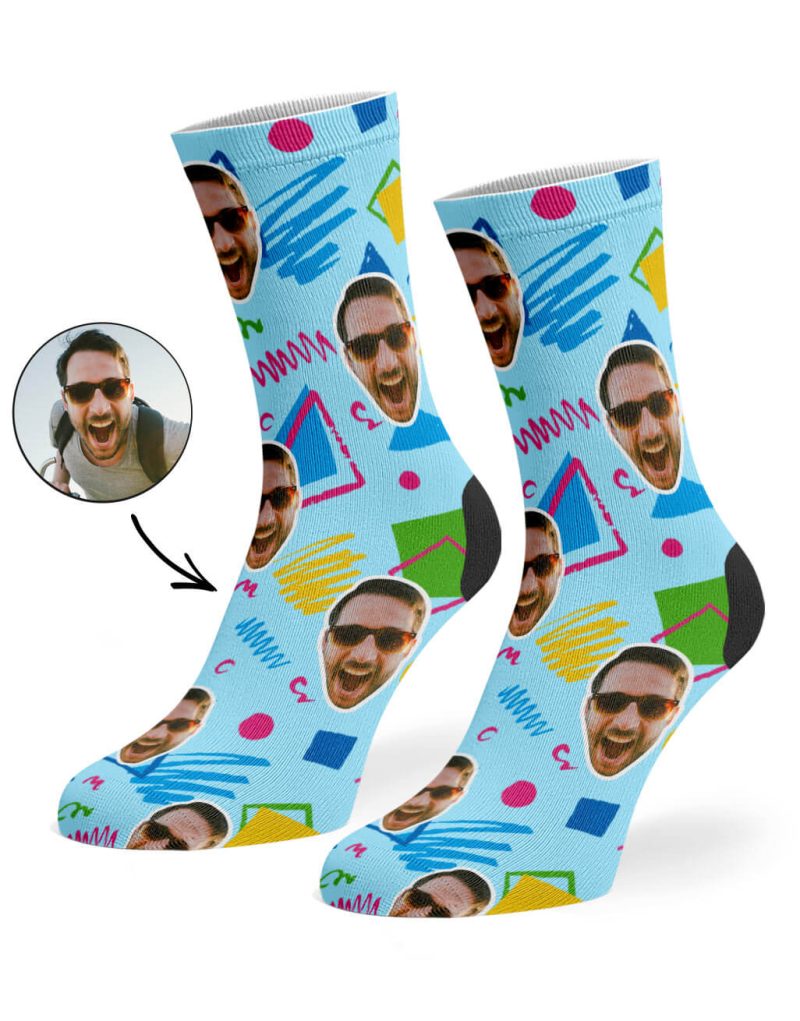 Baby Blue Retro Doodle Face Socks