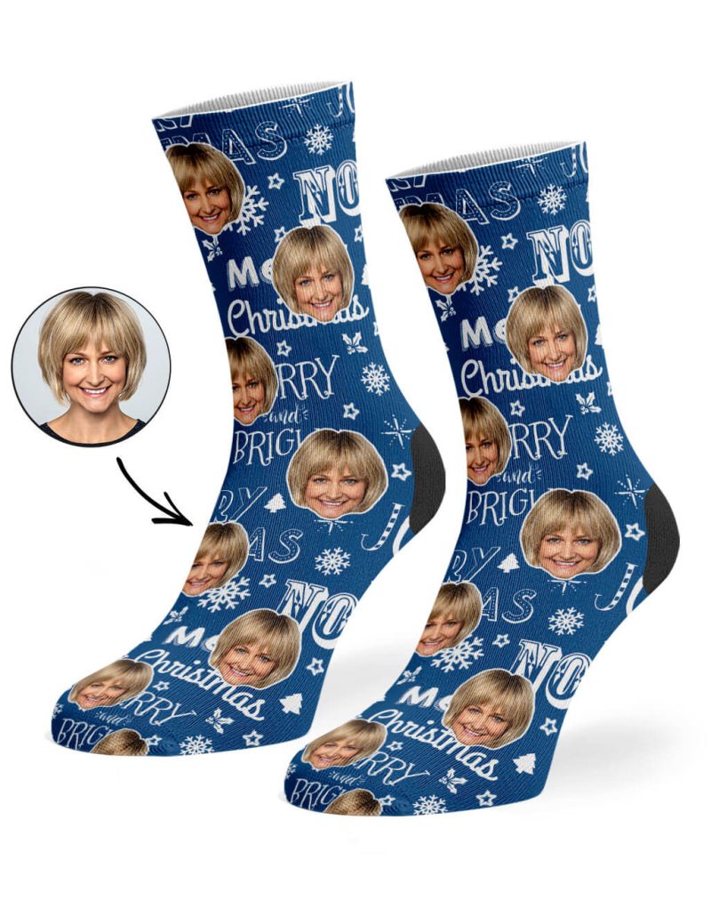 Blue Merry Christmas Socks