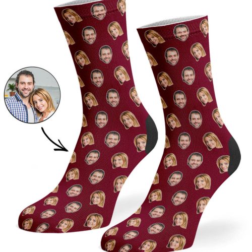 Burgundy Couples Face Pattern Socks