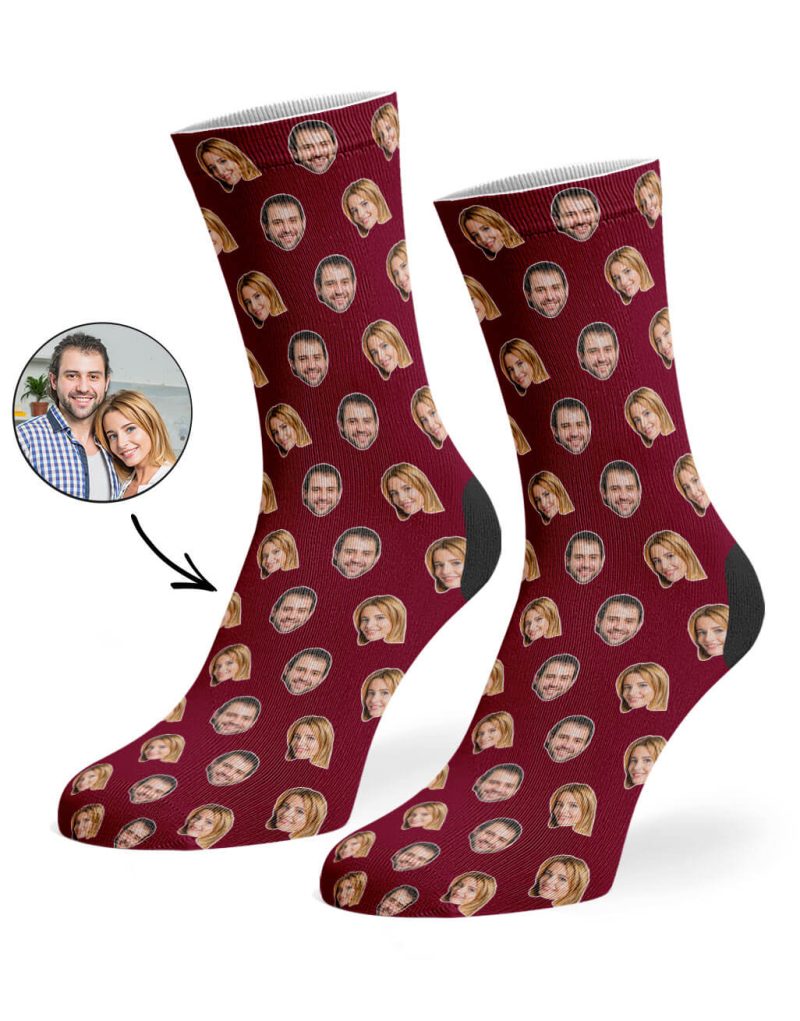 Burgundy Couples Face Pattern Socks