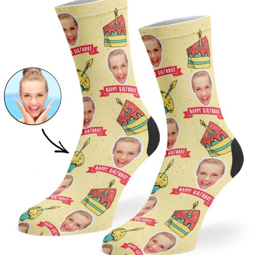 Cream Happy Birthday Cake Socks