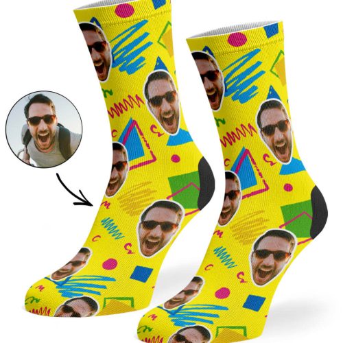 Yellow Retro Doodle Face Socks