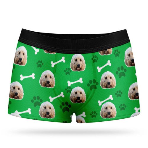 green dog on boxer shorts